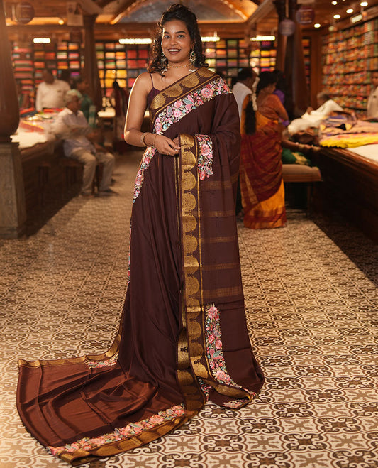 Brown Plain Mysore Silk Saree