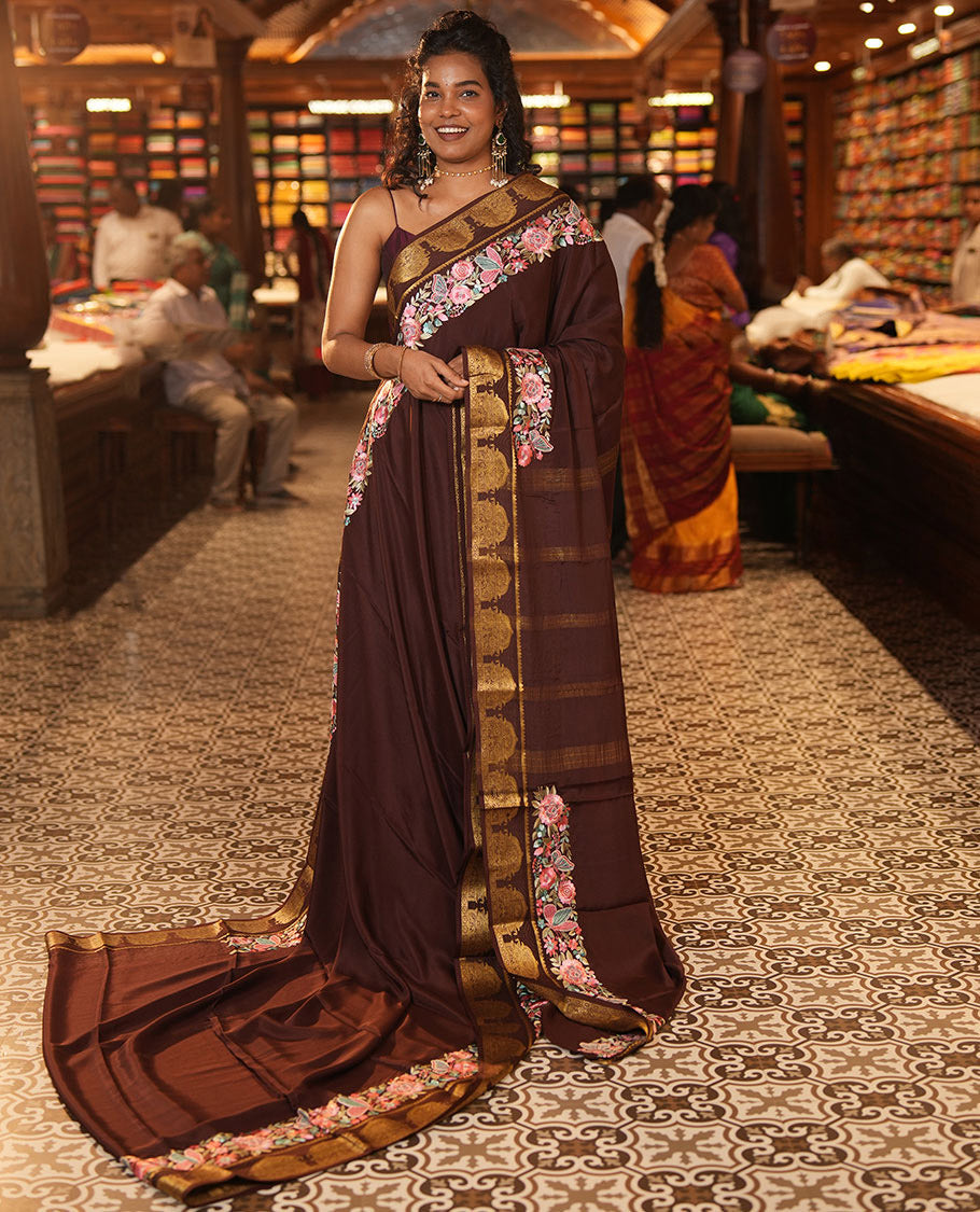 Brown Plain Mysore Silk Saree