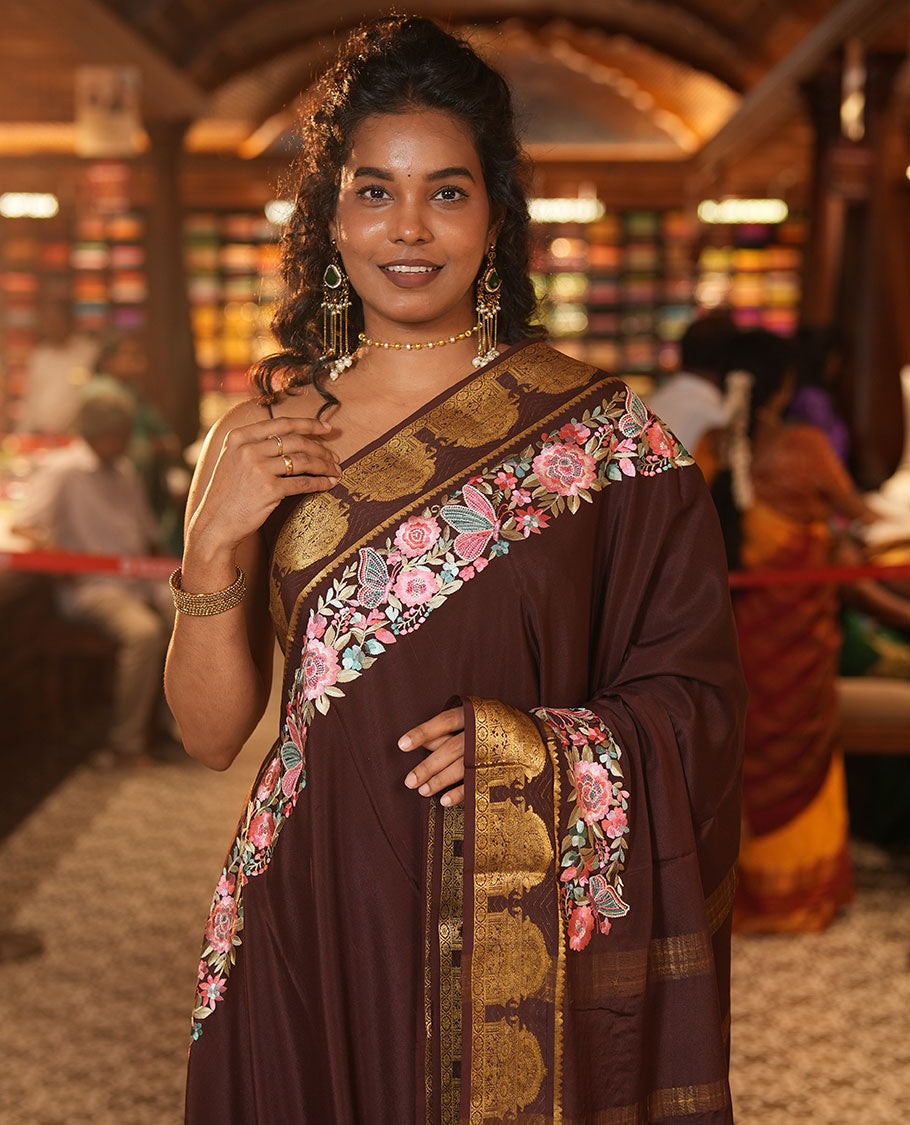 Brown Plain Mysore Silk Saree