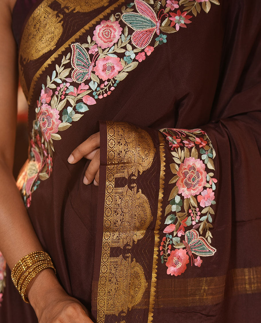 Brown Plain Mysore Silk Saree