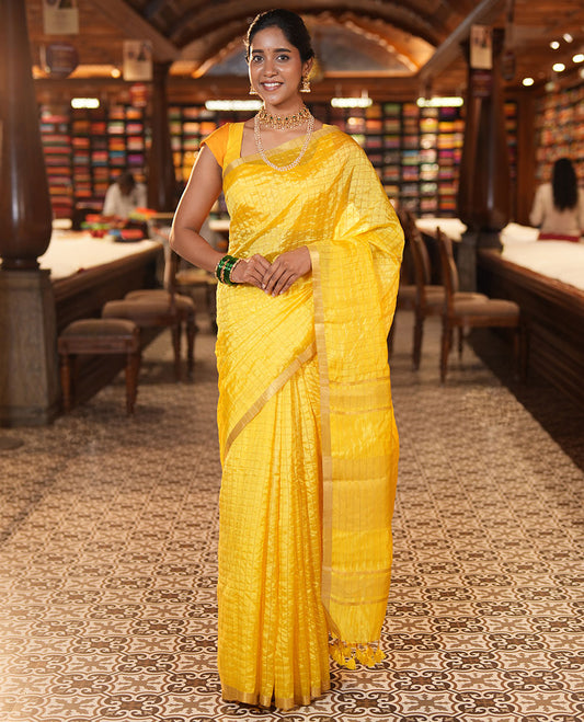 Yellow-Checked Banana Pith Saree, a Zari Piping Border, Striped Pallu, a Matching Blouse