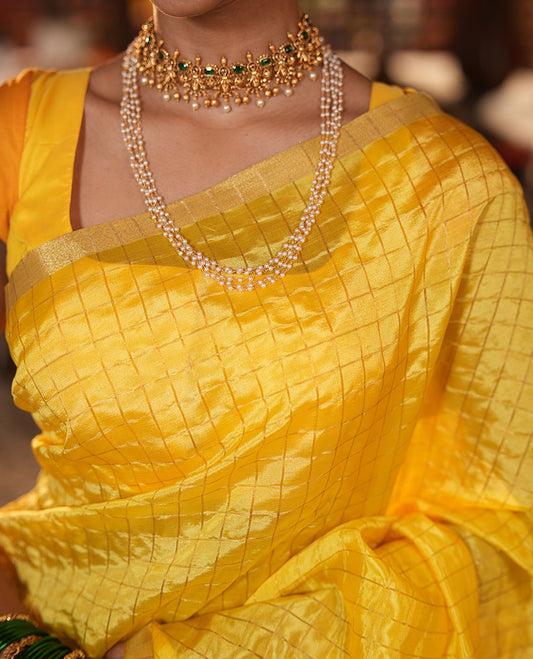 Yellow-Checked Banana Pith Saree, a Zari Piping Border, Striped Pallu, a Matching Blouse