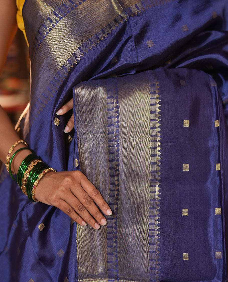 Blue Banana Pith Saree, Enriched with Zari Buttas, a Traditional Zari Border, Zari Striped Pallu, a Matching Blouse