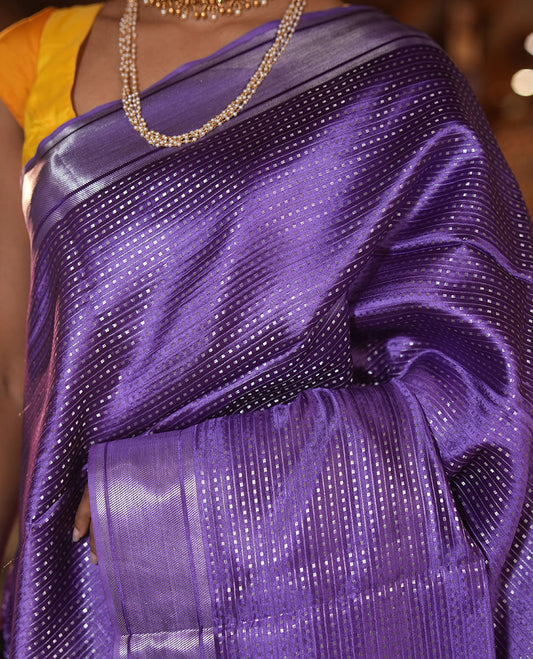 Violet Banana Pith Saree, Bedecked with Zari Stripes and Buttas, a Zari Border, Zari Woven Pallu, a Matching Blouse