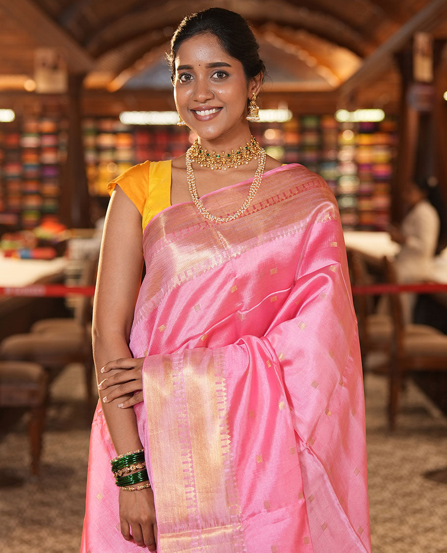 Pink Banana Pith Saree, Enriched with Zari Buttas, a Traditional Zari Border, Zari Striped Pallu, Matching Blouse