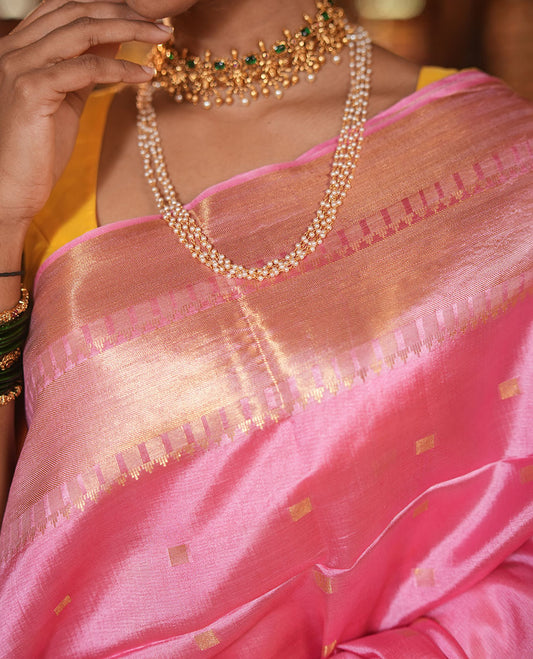 Pink Banana Pith Saree, Enriched with Zari Buttas, a Traditional Zari Border, Zari Striped Pallu, Matching Blouse