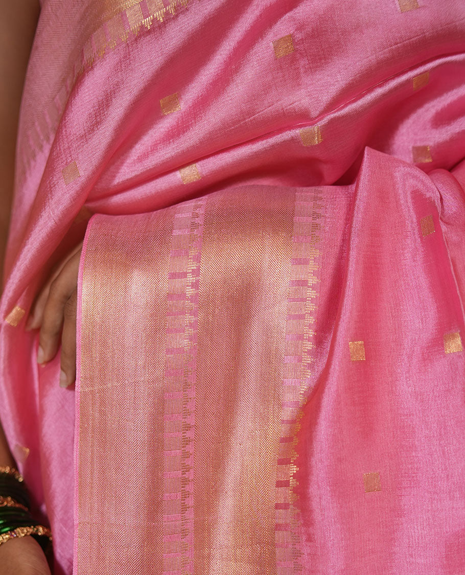 Pink Banana Pith Saree, Enriched with Zari Buttas, a Traditional Zari Border, Zari Striped Pallu, Matching Blouse