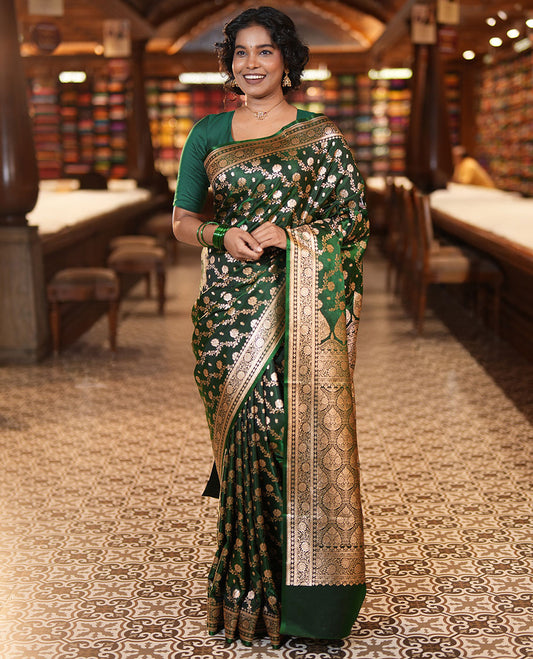 Green Semi-Banarasi Saree, Ornamented with Floral Jacquard Design, a Floral Creeper Border, Rich Pallu, Matching Blouse