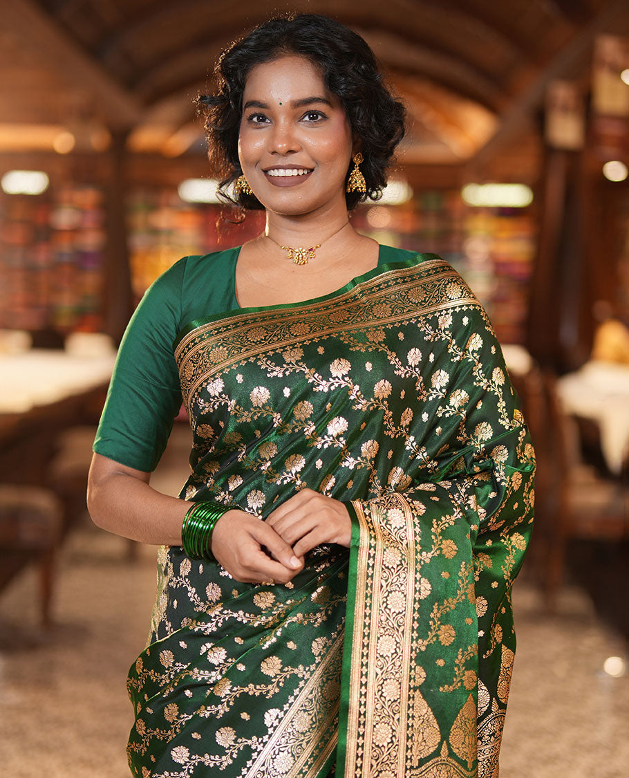 Green Semi-Banarasi Saree, Ornamented with Floral Jacquard Design, a Floral Creeper Border, Rich Pallu, Matching Blouse