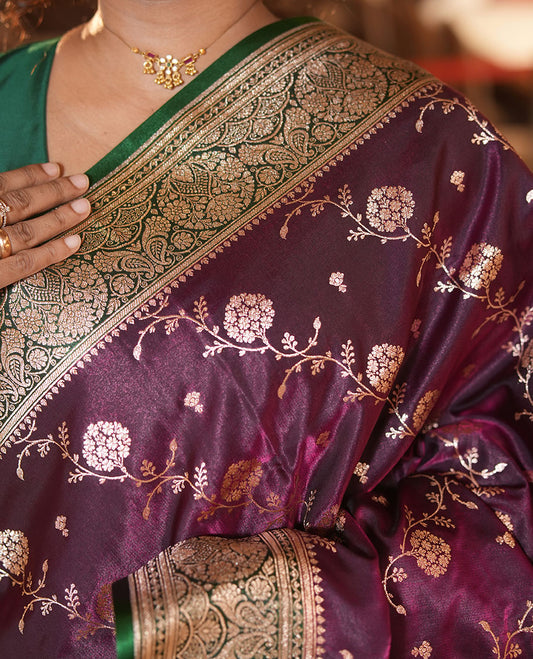 Purple Semi-Banarasi Saree, Decorated with Zari Buttas, a Contrast Intricate Border, Rich Pallu, Contrast Blouse