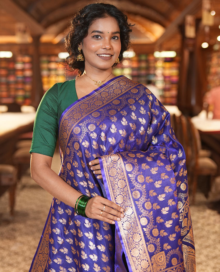 Blue Semi-Banarasi Saree, Spotlighted with Zari Buttas, a Floral Creeper Border, Rich Pallu, Matching Blouse