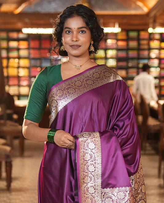 Purple Plain Semi-Banarasi Saree, a Floral Creeper Border, Rich Pallu, Matching Blouse