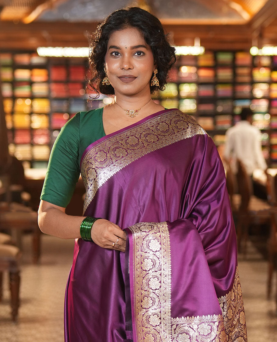 Purple Plain Semi-Banarasi Saree, a Floral Creeper Border, Rich Pallu, Matching Blouse