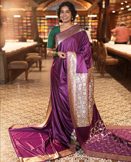 Purple Plain Semi-Banarasi Saree, a Floral Creeper Border, Rich Pallu, Matching Blouse