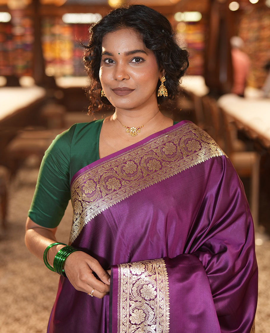 Purple Plain Semi-Banarasi Saree, a Floral Creeper Border, Rich Pallu, Matching Blouse