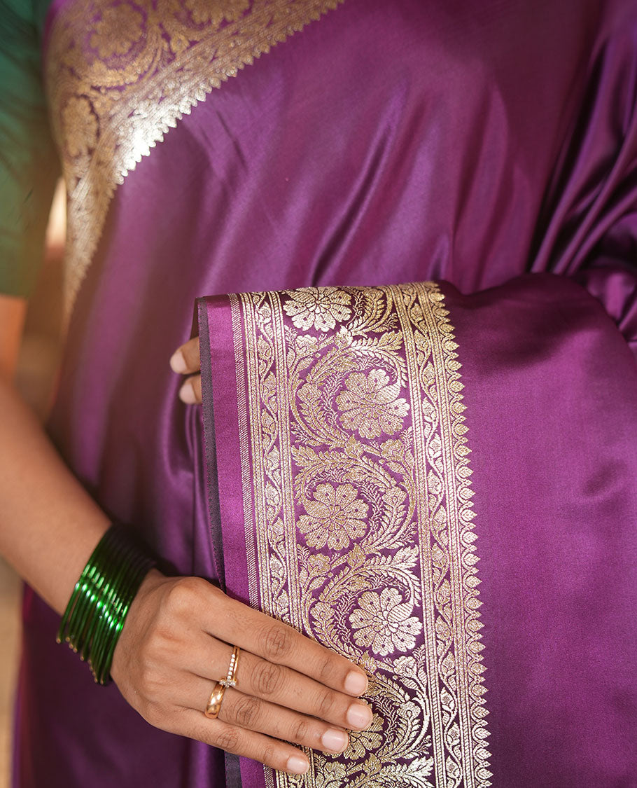 Purple Plain Semi-Banarasi Saree, a Floral Creeper Border, Rich Pallu, Matching Blouse