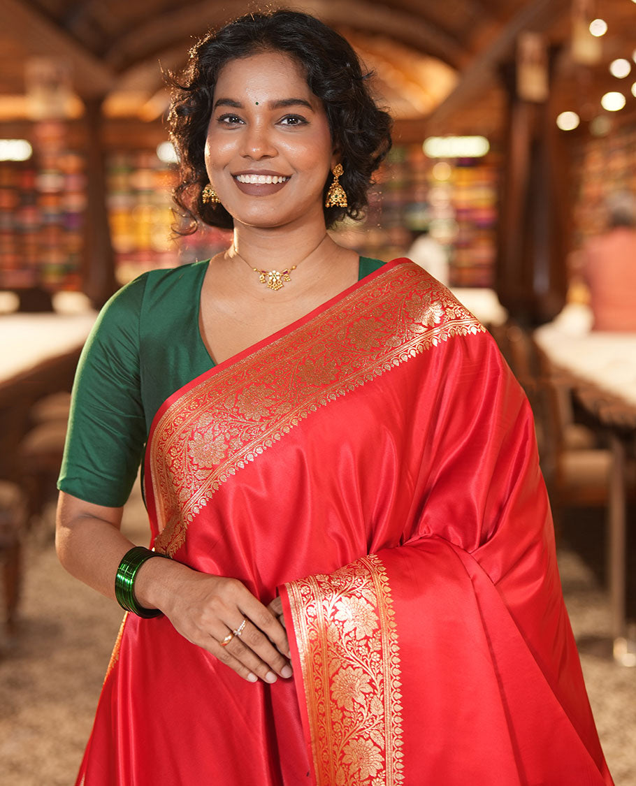 Red Plain Semi-Banarasi Saree, a Floral Creeper Border, Rich Pallu, Matching Blouse