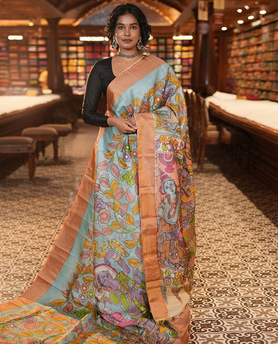 Blue Tussar Kalamkari Saree