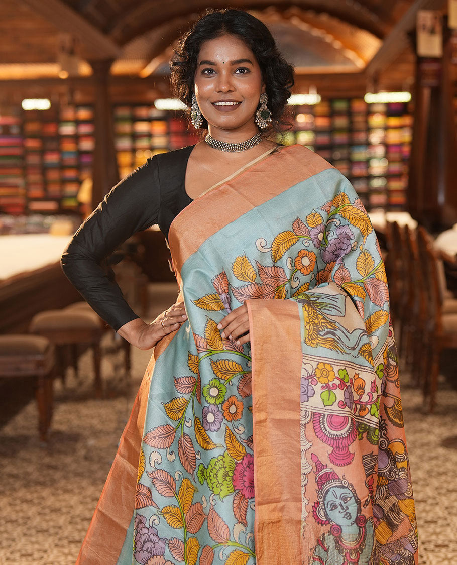 Blue Tussar Kalamkari Saree