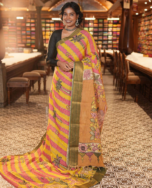 Yellow Tussar Kalamkari Saree