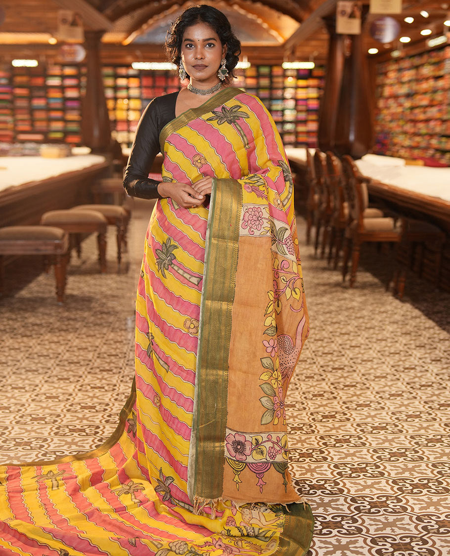 Yellow Tussar Kalamkari Saree