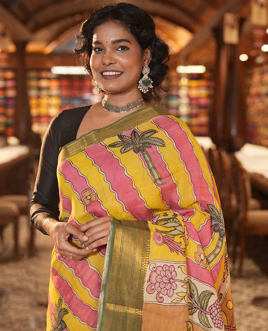 Yellow Tussar Kalamkari Saree
