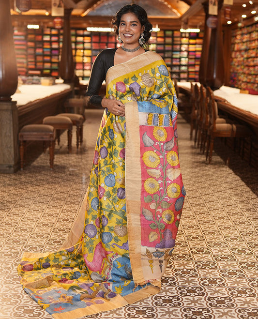 Yellow Tussar Kalamkari Saree