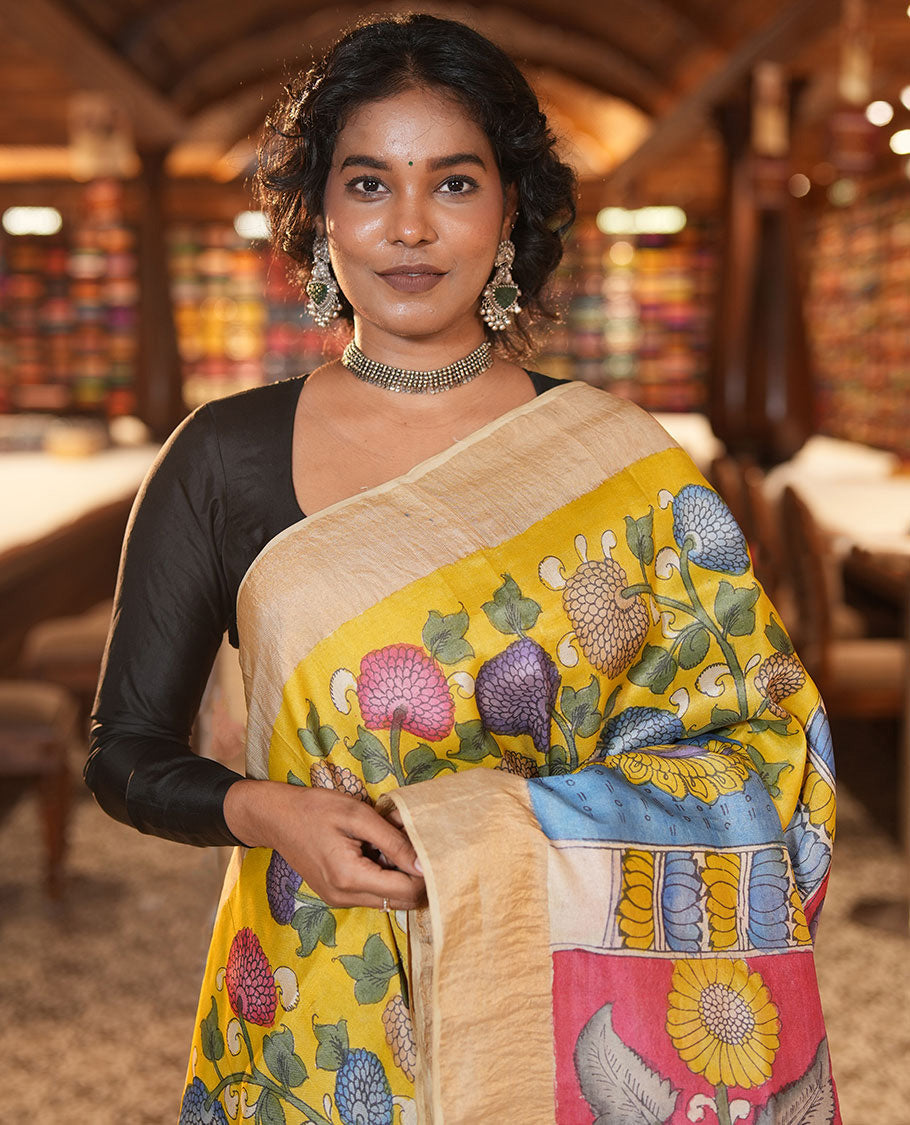 Yellow Tussar Kalamkari Saree
