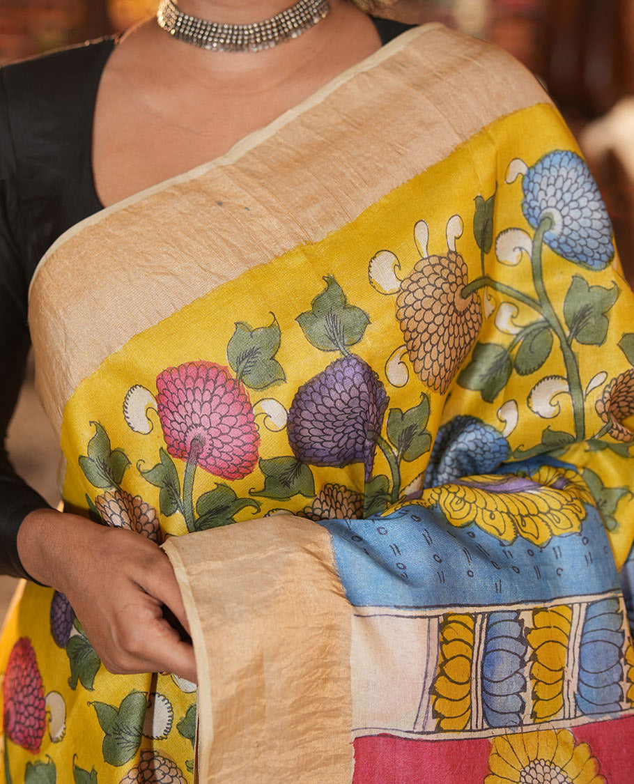 Yellow Tussar Kalamkari Saree