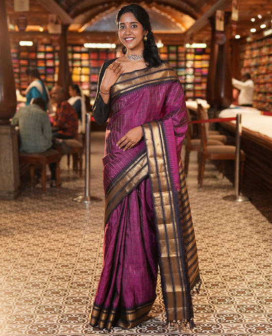Magenta-Dark Purple Vasundhara Lite Silkmix Saree, Graced with Checks, Contrast Border of Rekku, Manga Mokku, and Mayil Kann, Grand Pallu, and Contrast Blouse