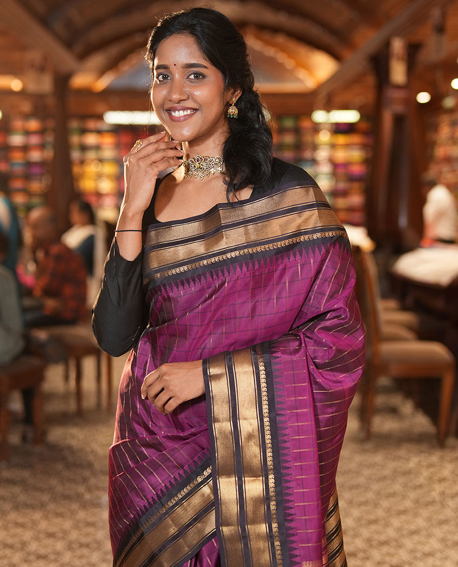 Magenta-Dark Purple Vasundhara Lite Silkmix Saree, Graced with Checks, Contrast Border of Rekku, Manga Mokku, and Mayil Kann, Grand Pallu, and Contrast Blouse