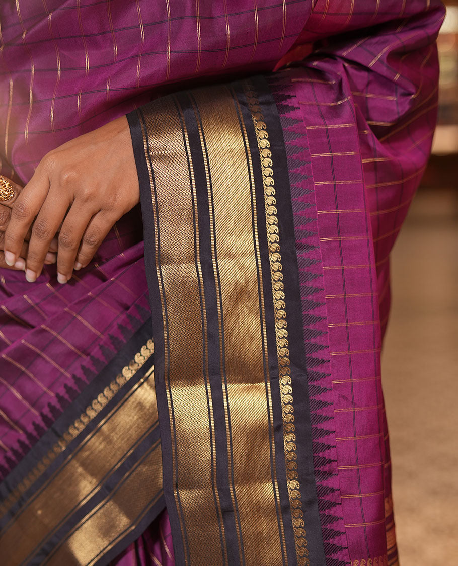 Magenta-Dark Purple Vasundhara Lite Silkmix Saree, Graced with Checks, Contrast Border of Rekku, Manga Mokku, and Mayil Kann, Grand Pallu, and Contrast Blouse