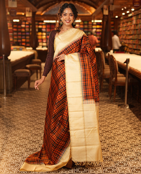 Orange Checks Saree