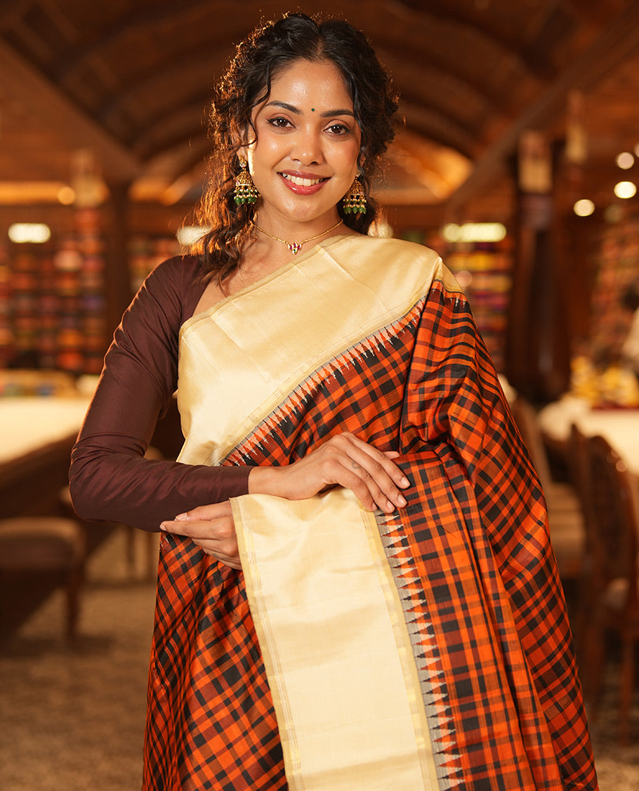 Orange Checks Saree