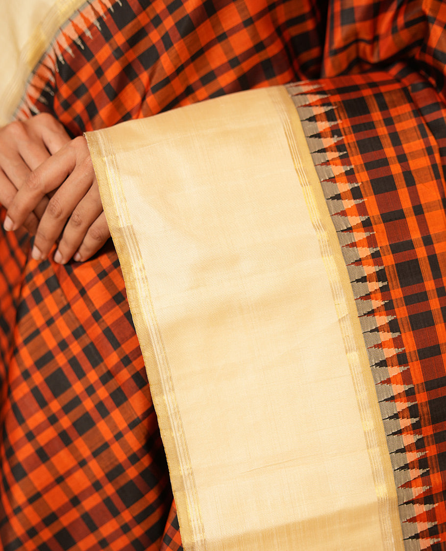 Orange Checks Saree