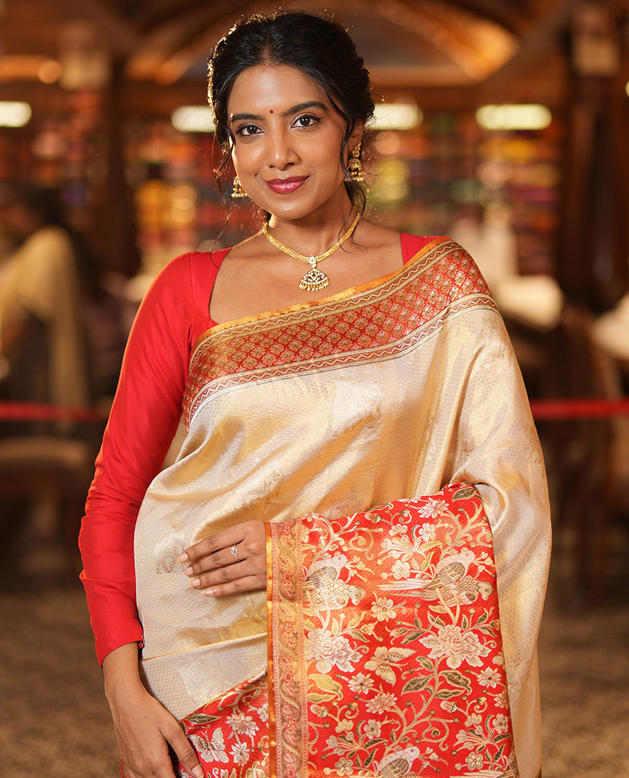 Cream Kanchipuram Tissue Bridal Silk Saree