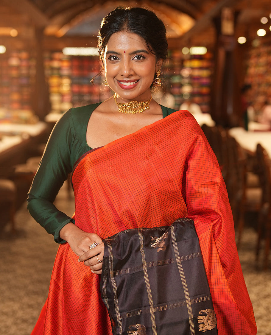 Orange Mayuri Checks Soft Silk Saree
