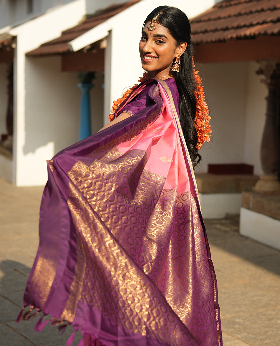 Pink zari buttas woven Vasundhara Lite Silk Mix Saree, contrast rettai pettu border of laddu kamalam designs, and jaal pallu
