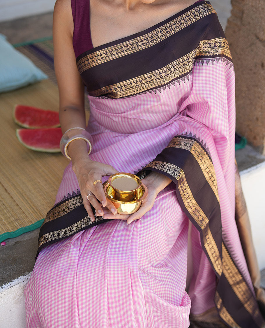 Pink Checked Vasundhara Silk Saree, Contrast Rettai Pettu Border, Contrast Blouse
