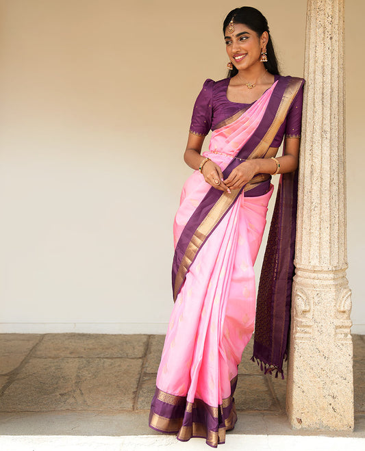 Pink zari buttas woven silk saree, contrast rettai pettu border of laddu kamalam designs, and jaal pallu