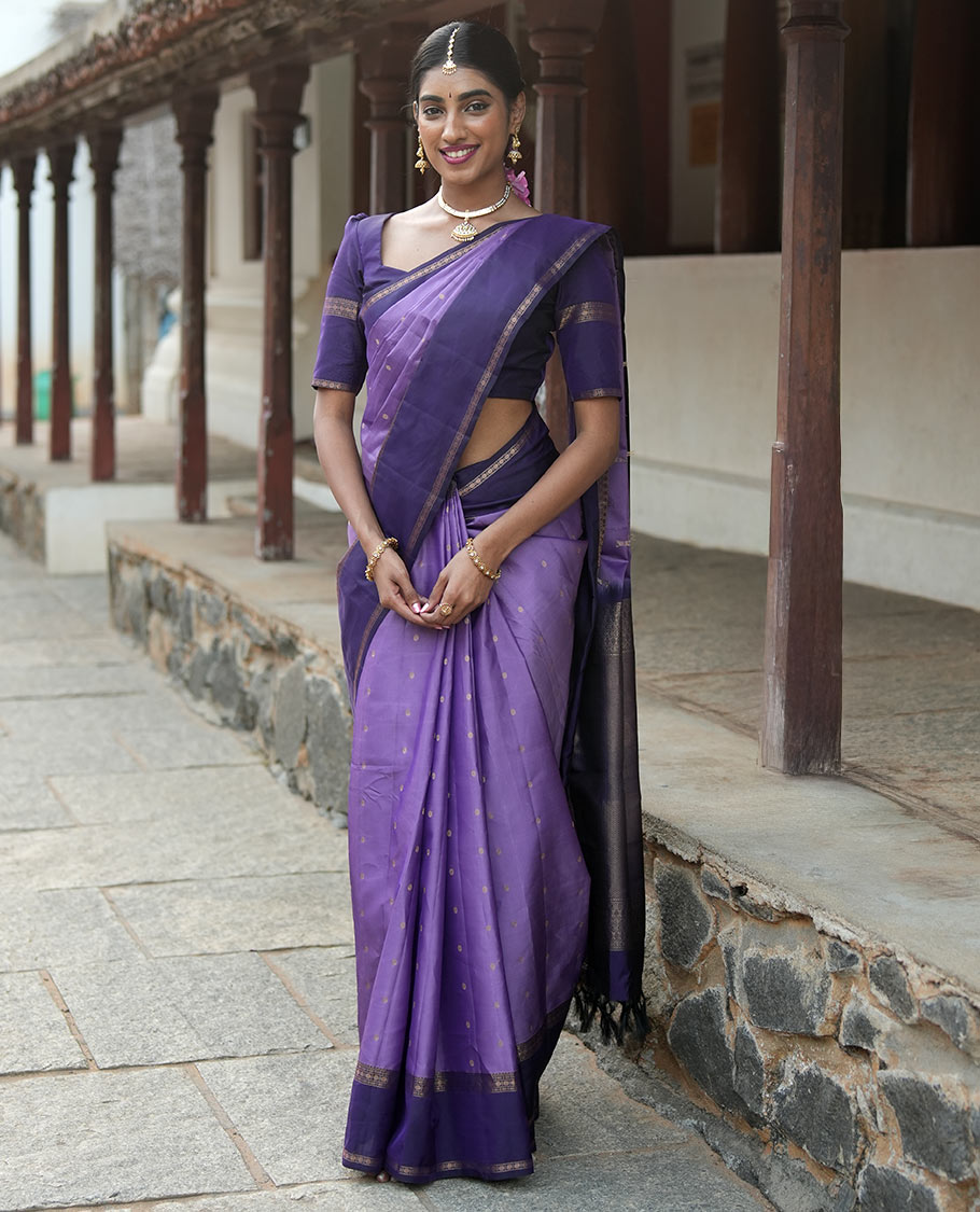 Lavender Poun Buttas Vasundhara Silk Saree, Contrast Rettai Pettu Border of Rekku, Neli, and Rudraksham Designs, and Zari-Rich Intricate Pallu