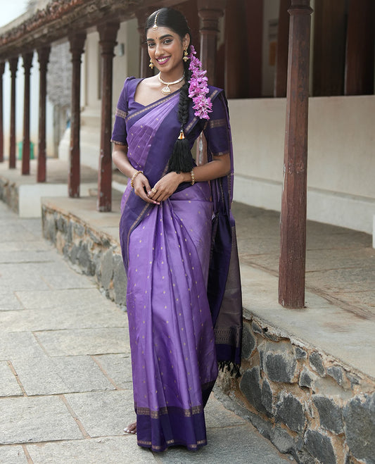 Lavender Poun Buttas Vasundhara Silk Saree, Contrast Rettai Pettu Border of Rekku, Neli, and Rudraksham Designs, and Zari-Rich Intricate Pallu