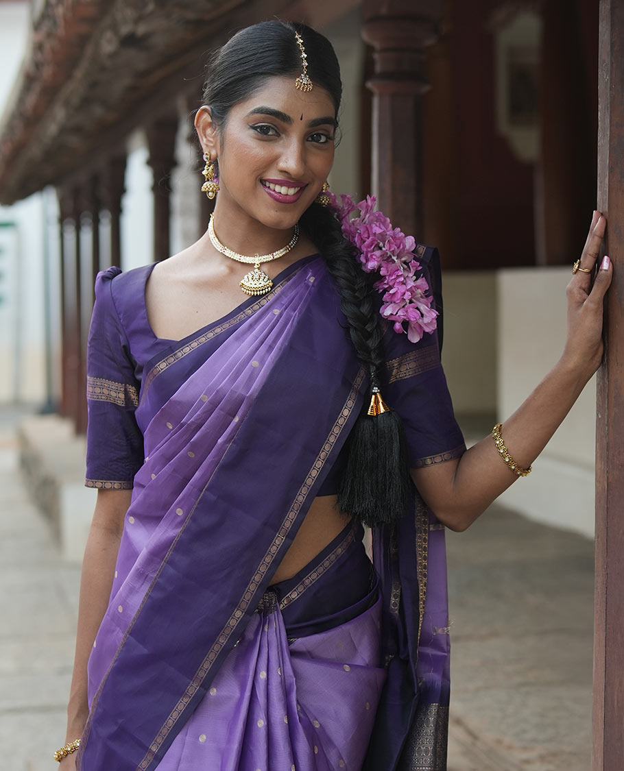 Lavender Poun Buttas Vasundhara Silk Saree, Contrast Rettai Pettu Border of Rekku, Neli, and Rudraksham Designs, and Zari-Rich Intricate Pallu