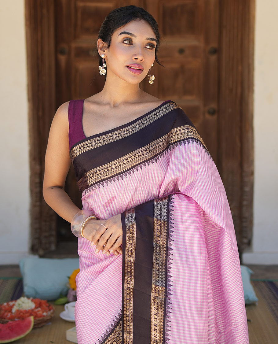 Pink Checked Vasundhara Silk Saree, Contrast Rettai Pettu Border, Contrast Blouse
