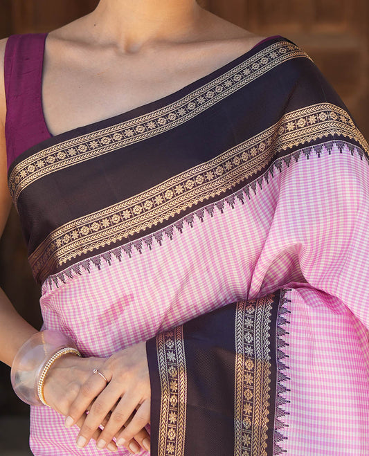 Pink Checked Vasundhara Silk Saree, Contrast Rettai Pettu Border, Contrast Blouse