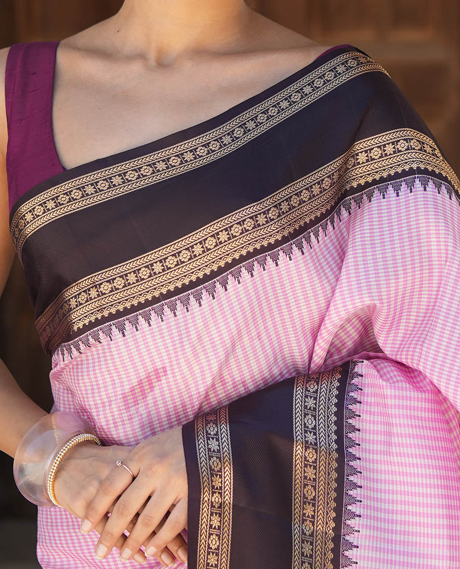 Pink Checked Vasundhara Silk Saree, Contrast Rettai Pettu Border, Contrast Blouse