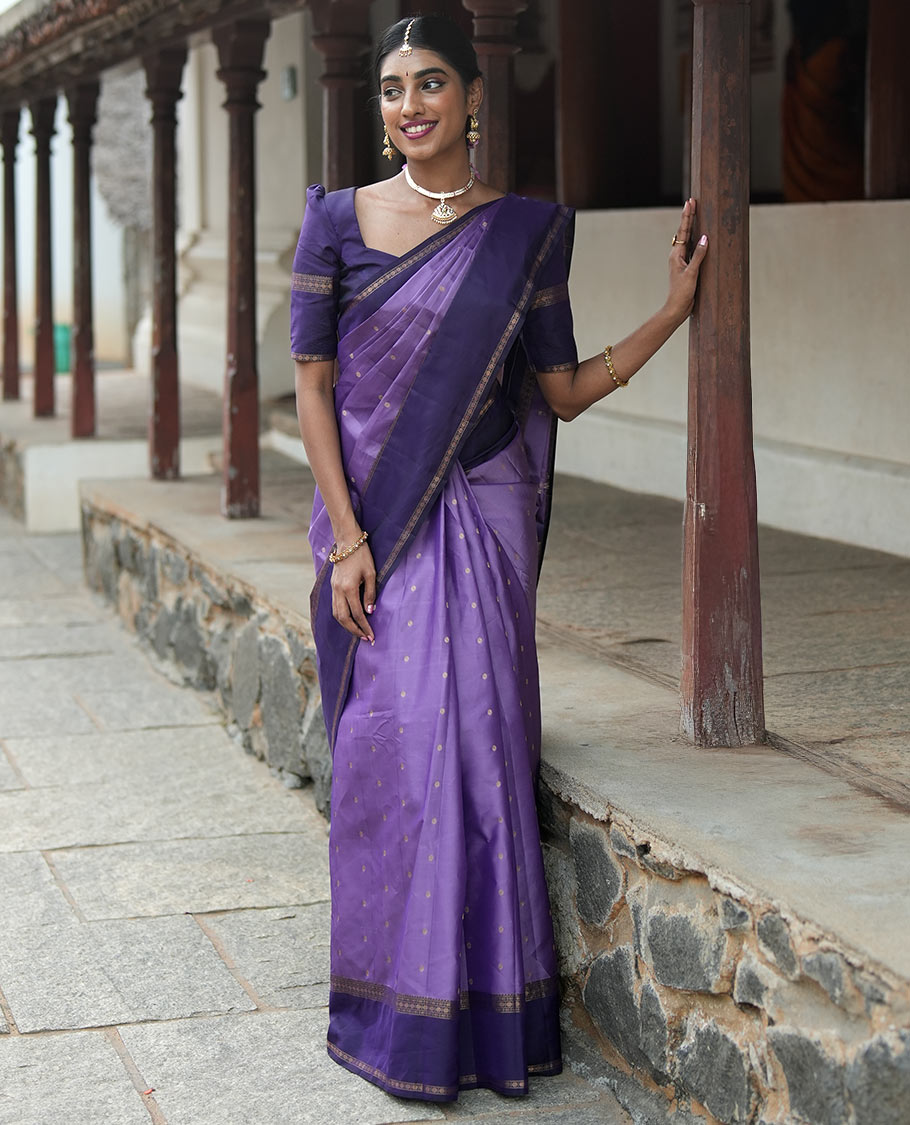Lavender Poun Buttas Vasundhara Silk Saree, Contrast Rettai Pettu Border of Rekku, Neli, and Rudraksham Designs, and Zari-Rich Intricate Pallu