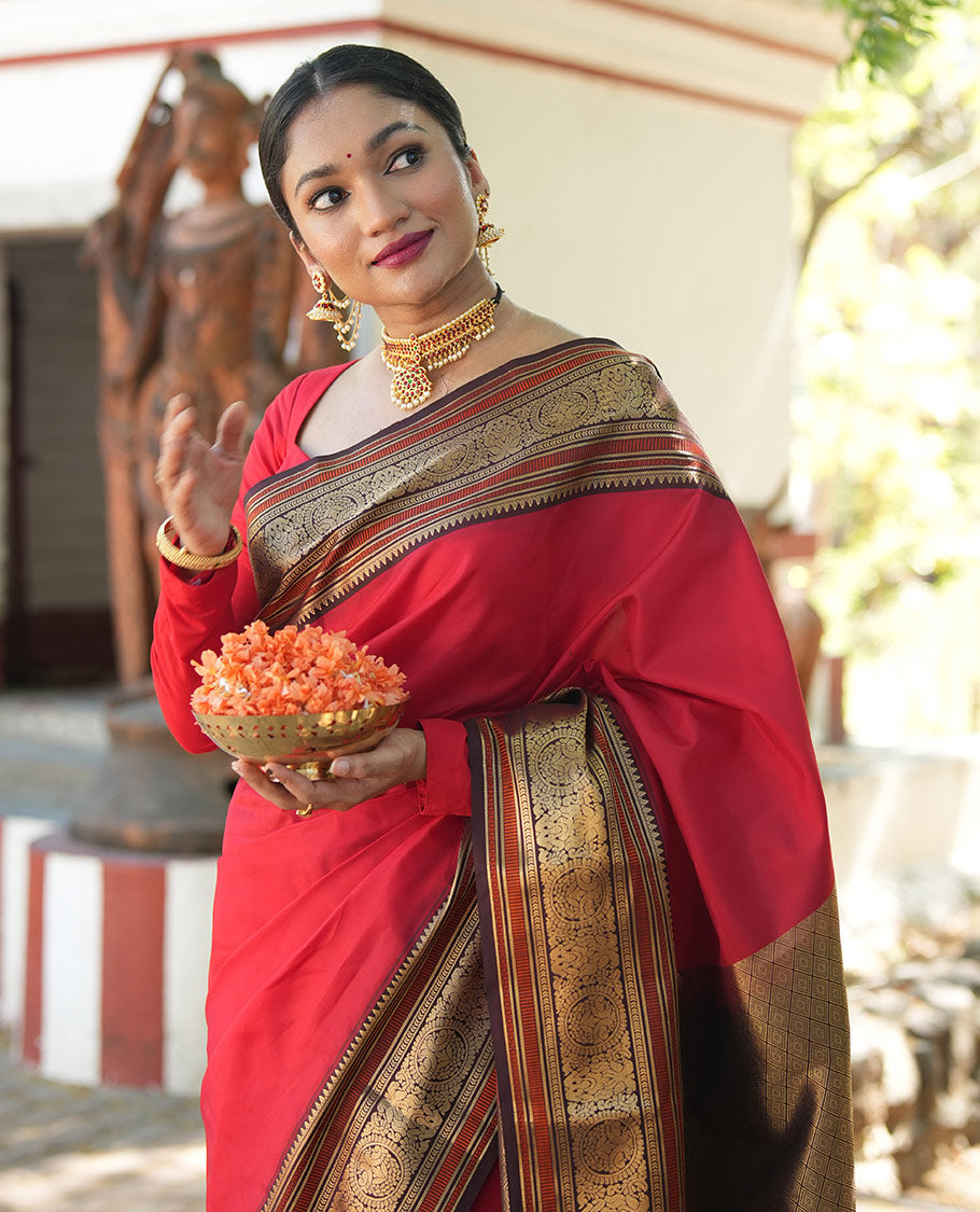 Red Plain Vasundhara Lite Silk Saree, Complemented by a Contrast Border of Banaras, Diamond, Muthu, Kathir, and Round Mayil Designs, Grand Jaal Pallu, and Paired with a Contrast Blouse