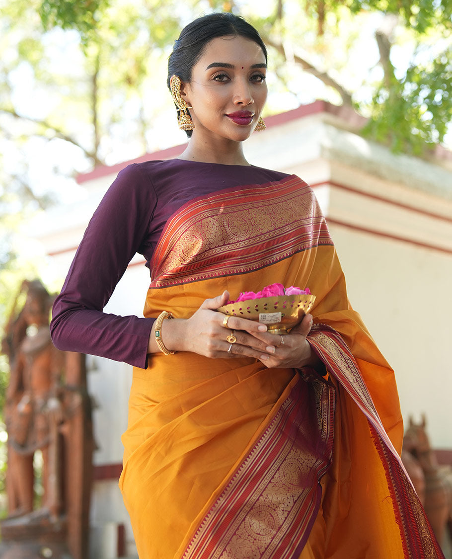 Yellow Plain Vasundhara Lite Silk Saree, Complemented by a Contrast Border of Banaras, Diamond, Muthu, Kathir, and Round Mayil Designs, Grand Jaal Pallu, and Paired with a Contrast Blouse