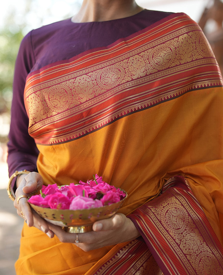Yellow Plain Vasundhara Lite Silk Saree, Complemented by a Contrast Border of Banaras, Diamond, Muthu, Kathir, and Round Mayil Designs, Grand Jaal Pallu, and Paired with a Contrast Blouse